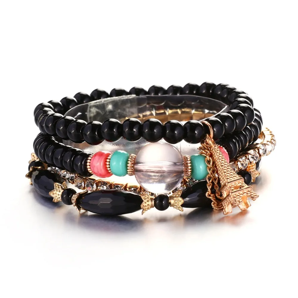 

Hesiod Black Beads Charm Bracelets Eiffel Tower Pendant Crystal Bohemian Multi-layer Bracelets Bangles Stretch Pulseira