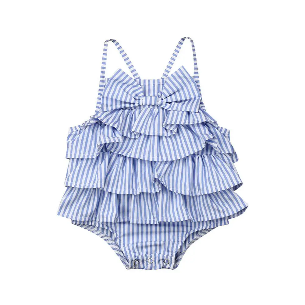 

New Summer Baby Girls Striped Bow Romper Sleeveless Ruffle Bodysuit Outfits Newborn Infant Cotton Striped