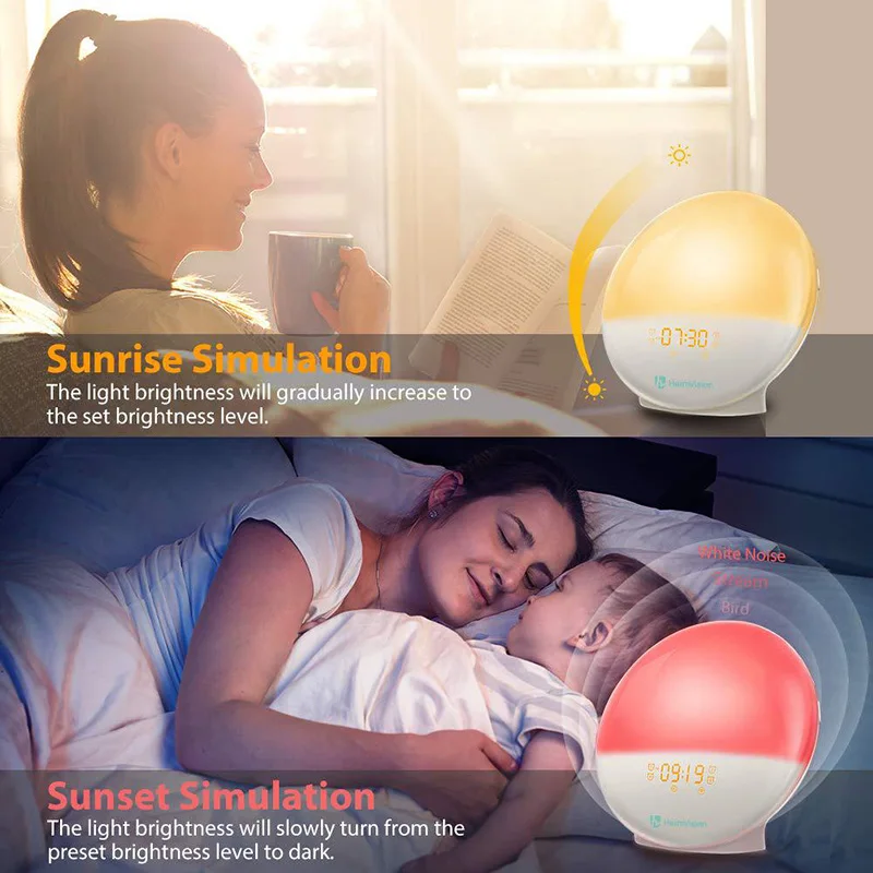 LED Light Alarm Clock Sunrise Simulation Sleep Aid with FM Radio Snooze Clock for Bedroom LXY9