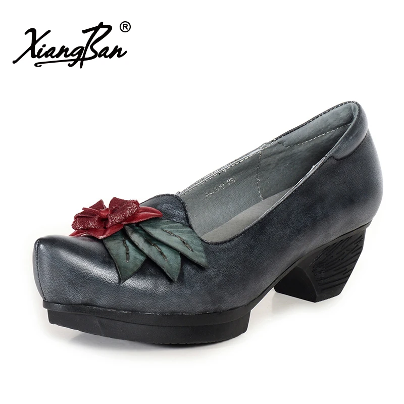 

Xiangban Brand Vintage Leather Shoes Women Handmade Flowers Comfortable Middle Heels Women Platform Shoes