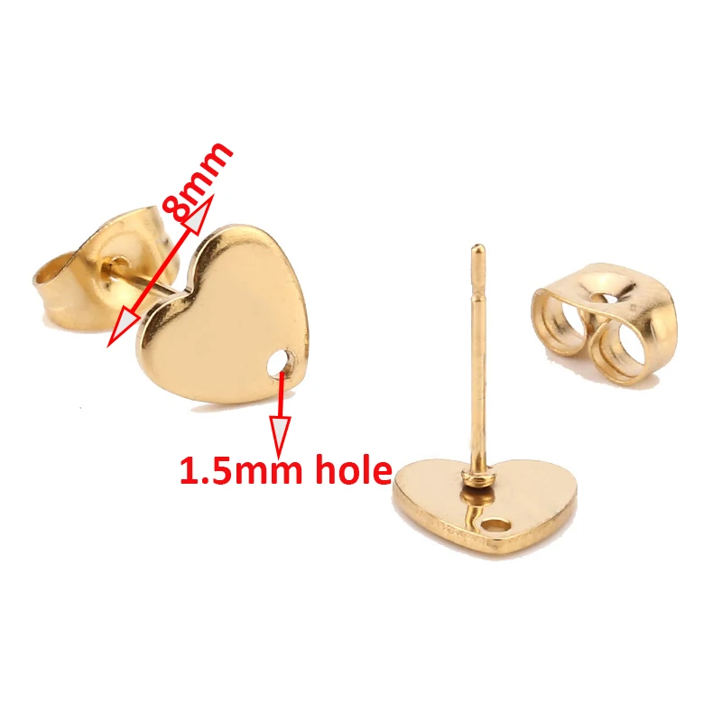 Позолоченные серьги-гвоздики из нержавеющей стали, 8 мм/10 мм/12 мм, пустые серьги-гвоздики с ушками, принадлежности для изготовления ювелирных изделий, самодельные ювелирные изделия, компоненты - Цвет: 8mm Heart Gold