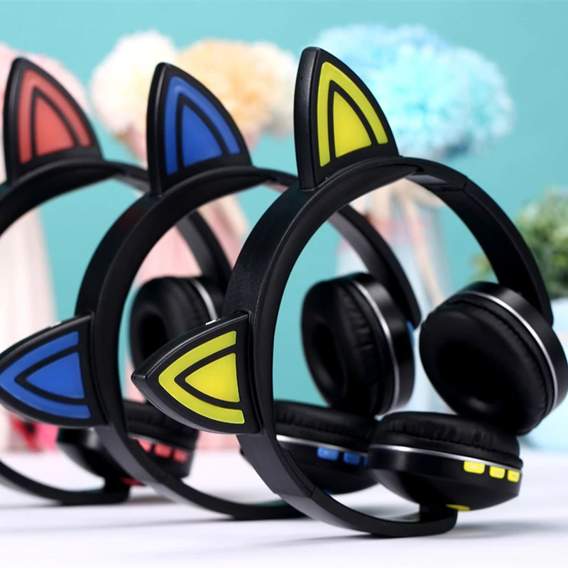 Cue Cat LED Foldable Bluetooth Headphone Wireless Headset Headband Stereo Earphone with Mic for Mobile Phone PC Gift Girls Kids