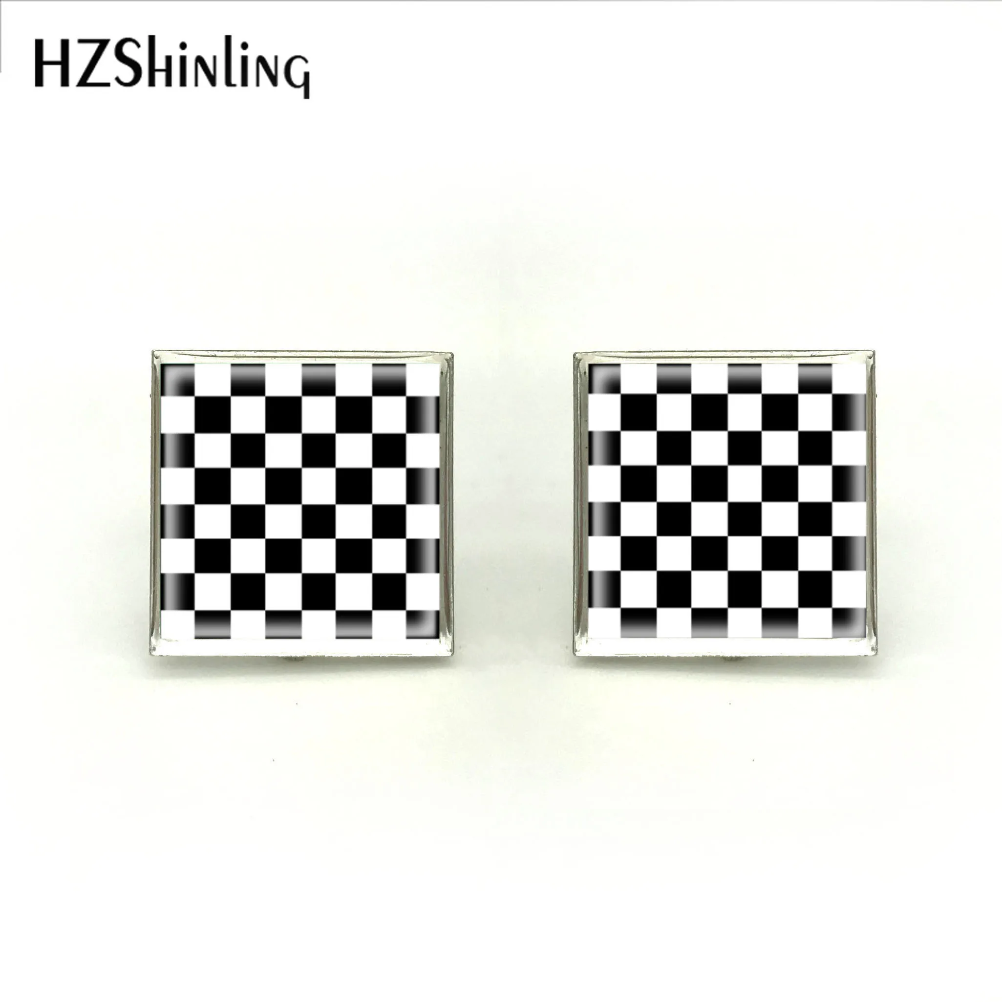 

2018 New Checkerboard Cufflink Chess Board Cufflinks Black and White Square Cuff For Mens Silver Handmade Jewelry Glass Cuffs