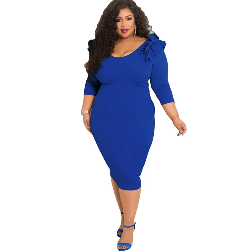 

Three Quarter Sleeve Casual Bandage Dress Women Deep V Neck Cascading Ruffles Bodycon Dress Spring Plus Size Mid-Calf Vestidos