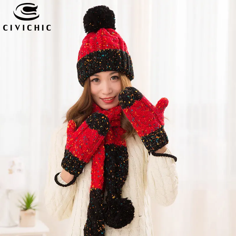 CIVICHIC, Женский Теплый комплект, вязаная шапка, шарф, перчатки, женские зимние шапки с помпоном, толстая повязка на голову, разноцветная шаль, варежки ручной работы SH168