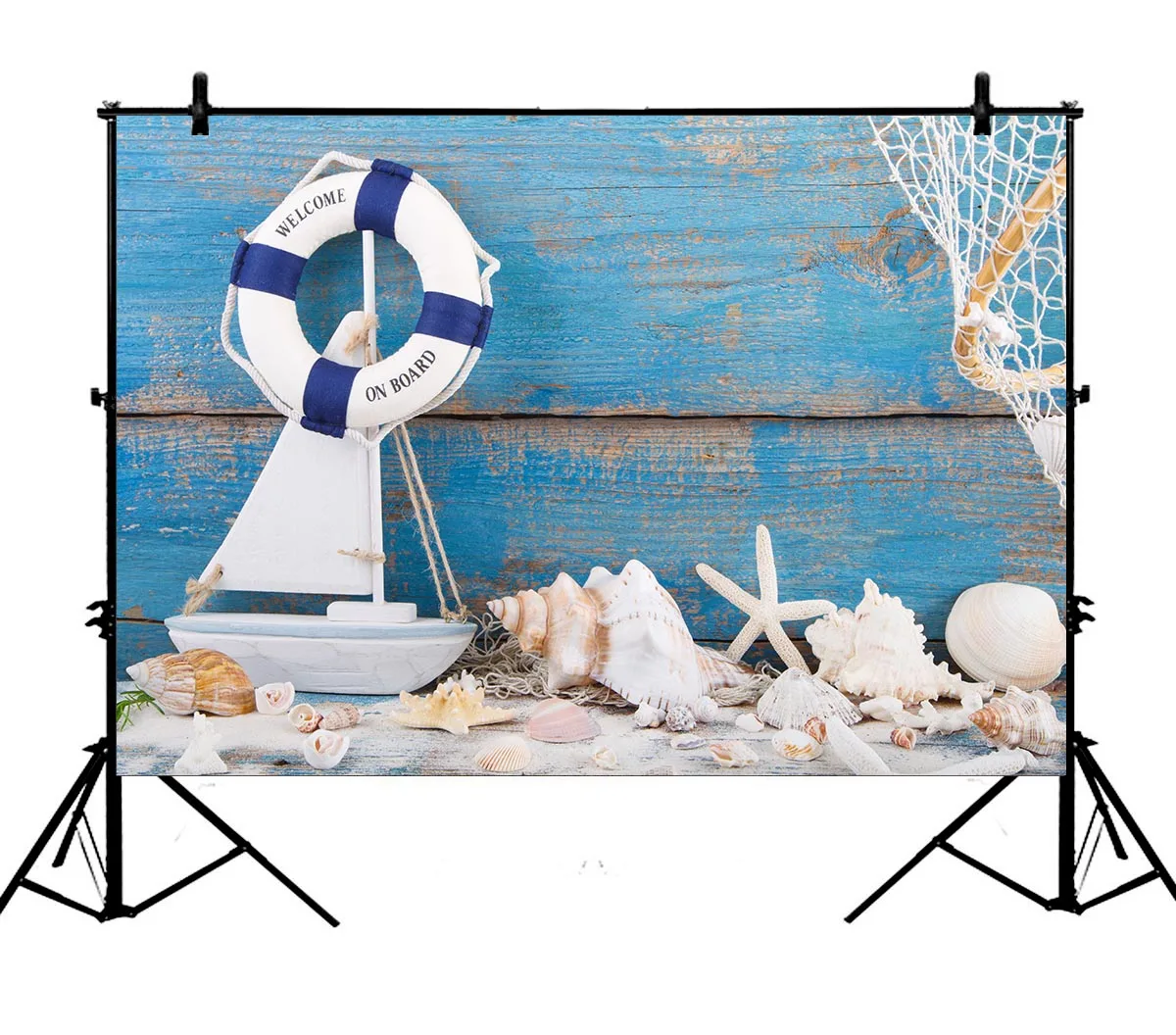

5x7ft Toy Sailboat Board Life Buoy Seashell Starfish Seaside Polyester Photo Background Portrait Backdrop