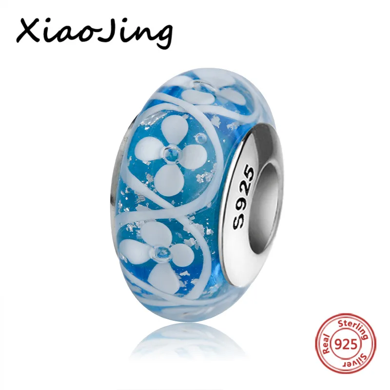 

100% 925 sterling silver Murano glass beads diy flower petal blue charms fit authentic European bracelets jewelry women gifts