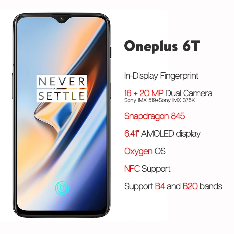 Oneplus 6 T 6 T 128 ГБ в дисплей отпечатков пальцев Snapdragon 845 6,4" полный экран 19,5: 9 20MP двойной камера мобильный телефон