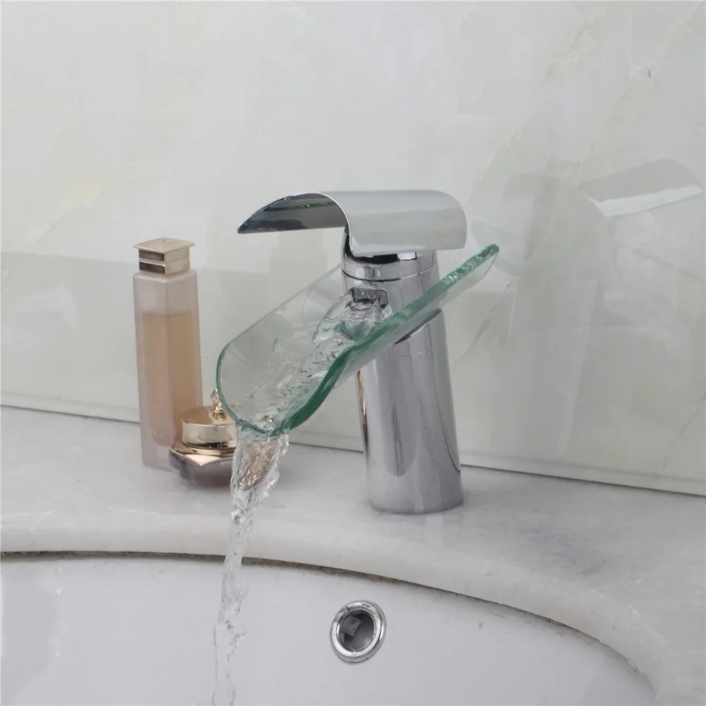 Deck Mounted Bathroom Faucet Round Glass Mixer Tap Light Water Faucet