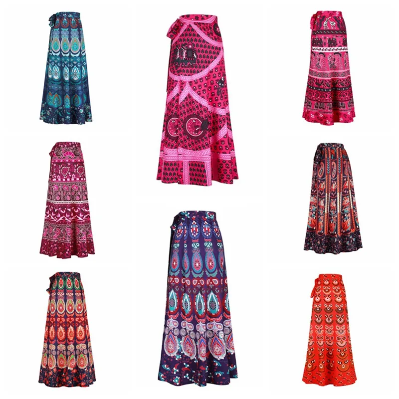 Boho Wrap Around Floral Print Maxi Skirt Women Elegant Indian Tribal Style Bohemian Long Beach Skirts Womens