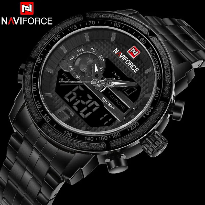 Часы наручные NAVIFORCE Мужские кварцевые Брендовые спортивные цифровые с кожаным