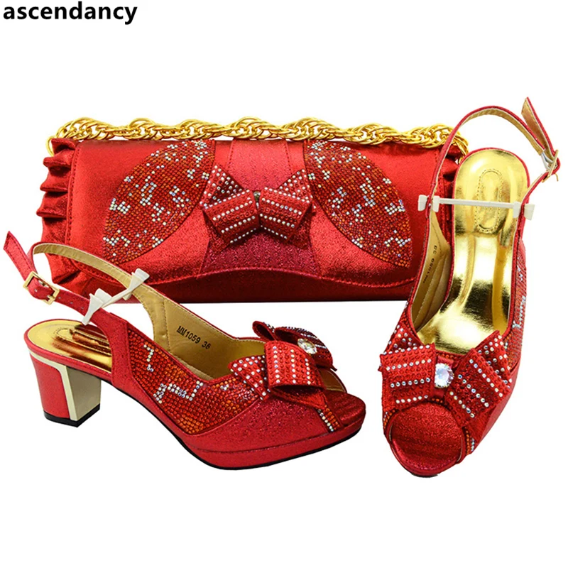 

Red Color Italian Shoes with Matching Bags Set Decorated with Rhinestone Shoes and Bag Set African Sets 2018 Nigerian Women Shoe