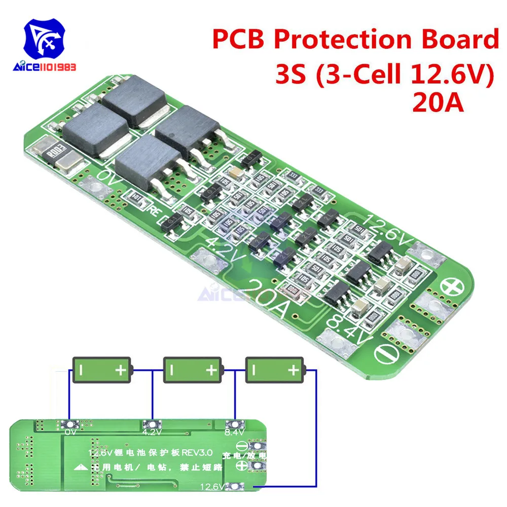 3S 12,6 V 20A литий-ионный аккумулятор 18650 зарядное устройство от перегрузки по току защита от короткого замыкания модуль PCB BMS ячейка