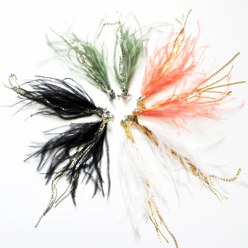 Coco&Willow stone and crystal chain feather long drop earrings, ostrich feather bohemian style fashion earring for women