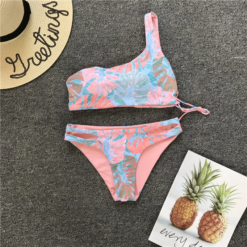 

Bikini 2018 Swimsuit Women Biquinis Feminino Sexy Printed Lace One-shoulder Bikini Set Swimming Suit For Women Badpak