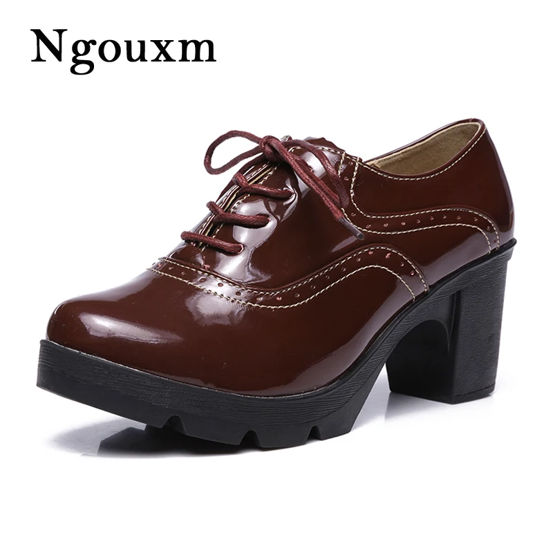 

Ngouxm 2019 New Women Brogue Leather Boots Shoes Woman High Square Heels Top Lace up Soft Comfortable High Quality Solid Shoes