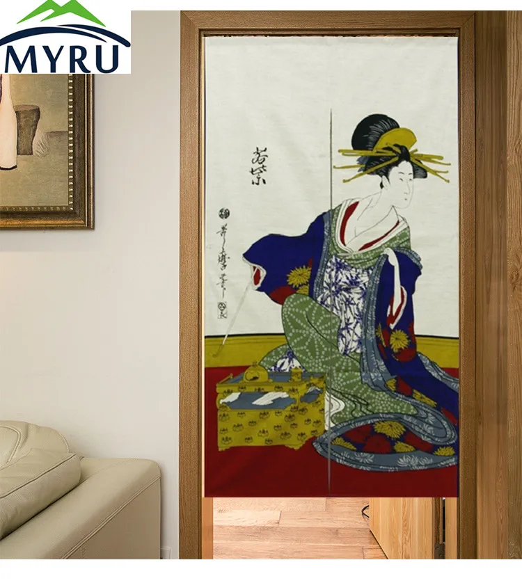 MYRU Japanese ukiyoe noren Geisha &bamboo printed door curtain half