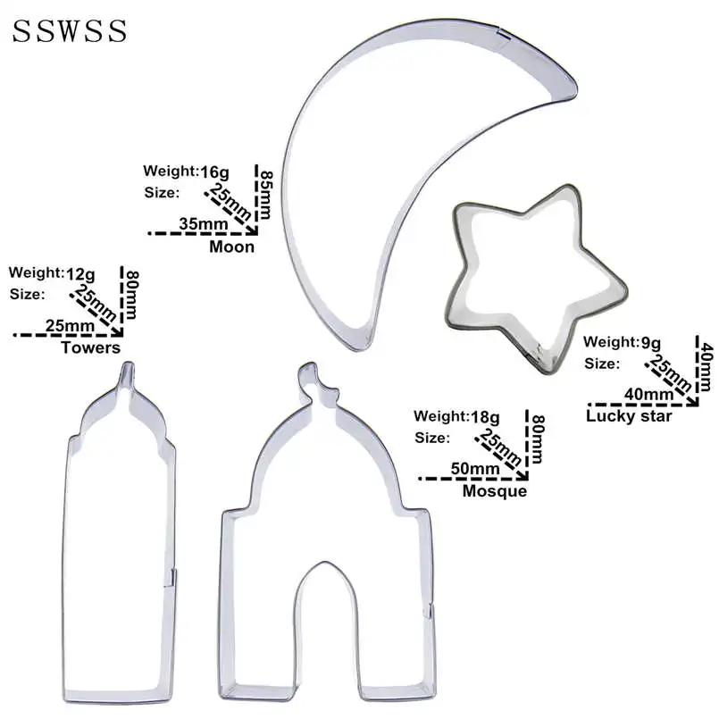 Семья из четырех знаменитые здания Луны, звезд, башня, мечети печенья ножи, выпечка формы, Украшение Тортов мастикой инструменты