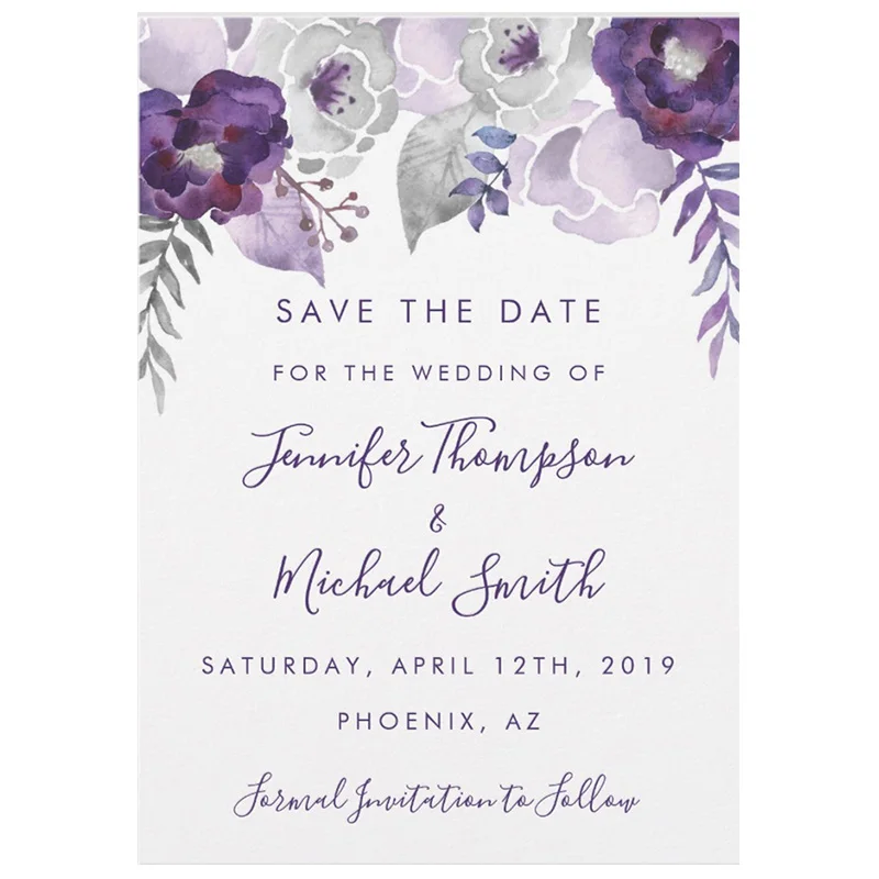 

Personalized Purple and Silver Watercolor Floral Save the Date Invitation
