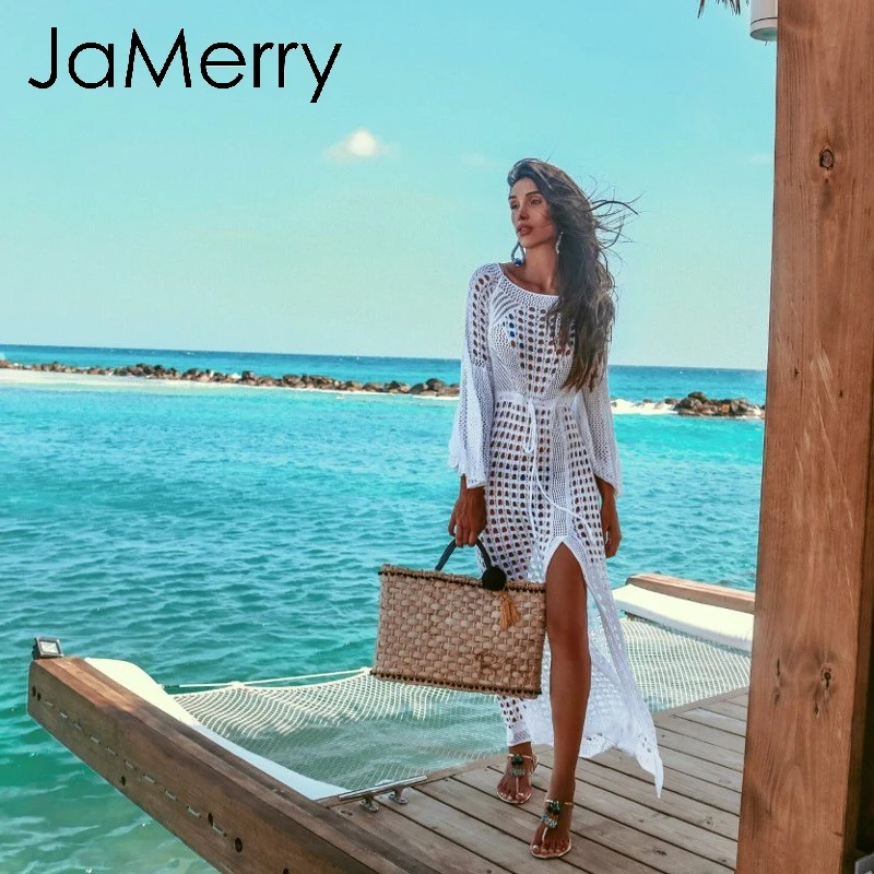 

JaMerry Vintage sexy hollow out fashion beach dress Summer long sleeve knitted split sundress Holiday party white vestidos 2019