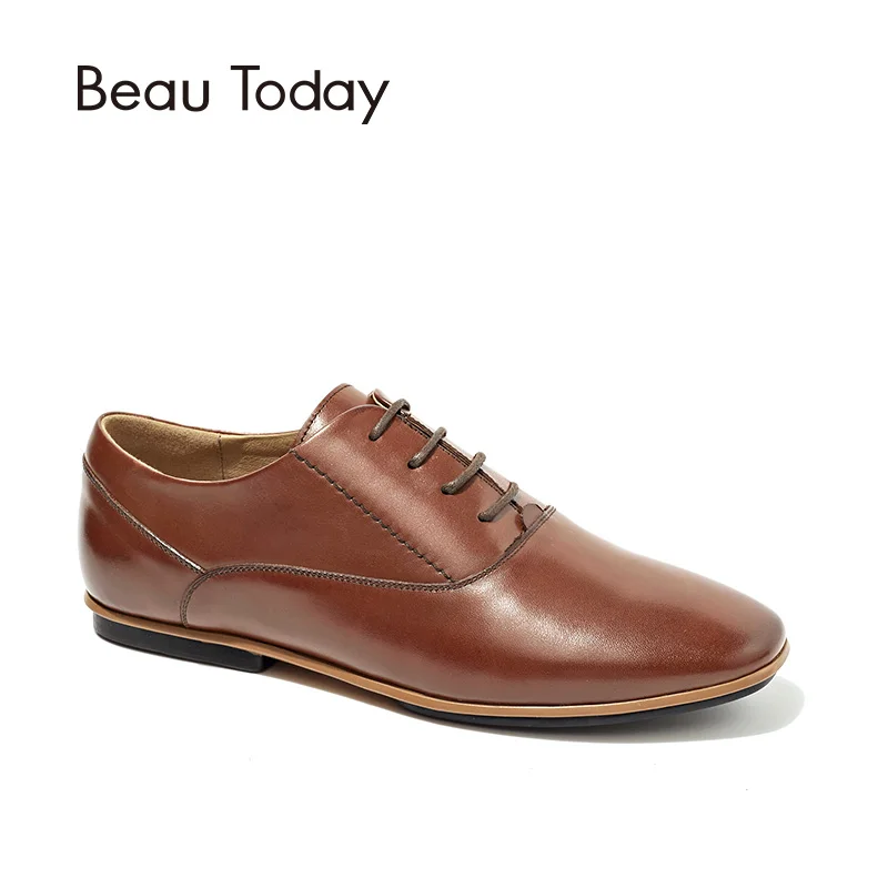 

BeauToday Oxfords Women Flats Round Toe Lace-Up Genuine Calf Leather Autumn New Fashion Ladies Shoes Handmade 21096