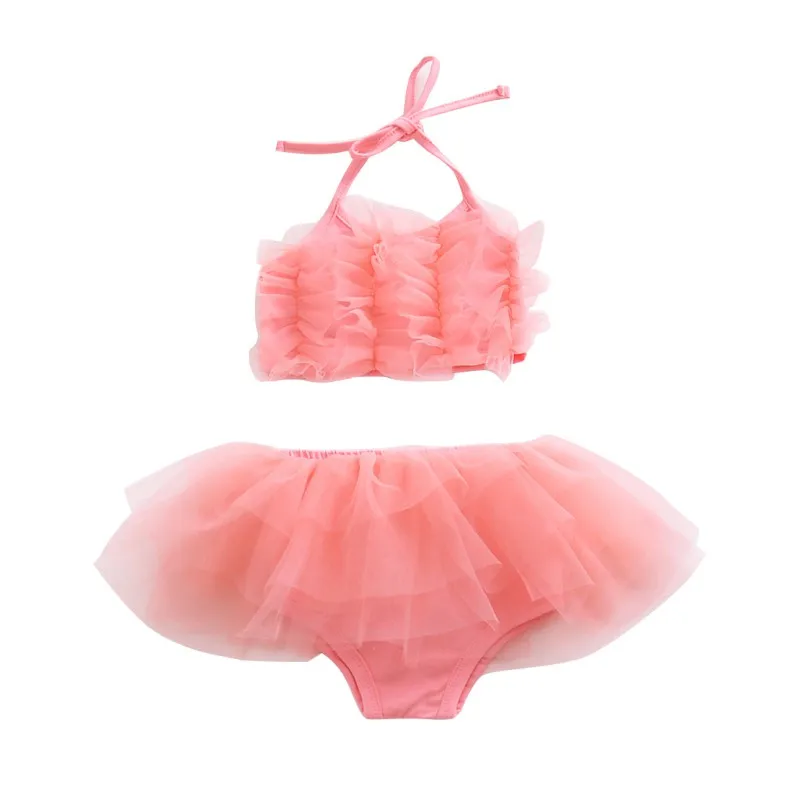 Летняя одежда для малышей, лямки для купальников, однотонный топ из чистой пряжи, трусы, детский купальник для девочек, комплект бикини