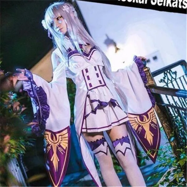 

Anime Re Zero kara Hajimeru Isekai Seikatsu Emilia Lolita Dress +Elf Ears Halloween Adult Costumes Cosplay Costume Free shipping