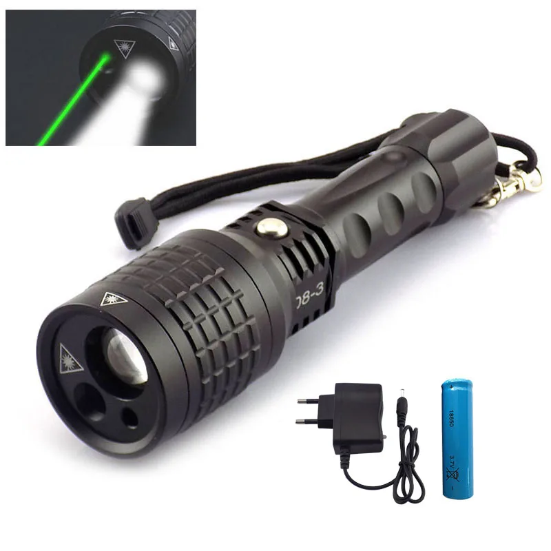 

3 LED Lamps Multifunction flash light red Green Laser Pointer Flashlight Hunt Adjustable Flash lights lazer +18650 + charger