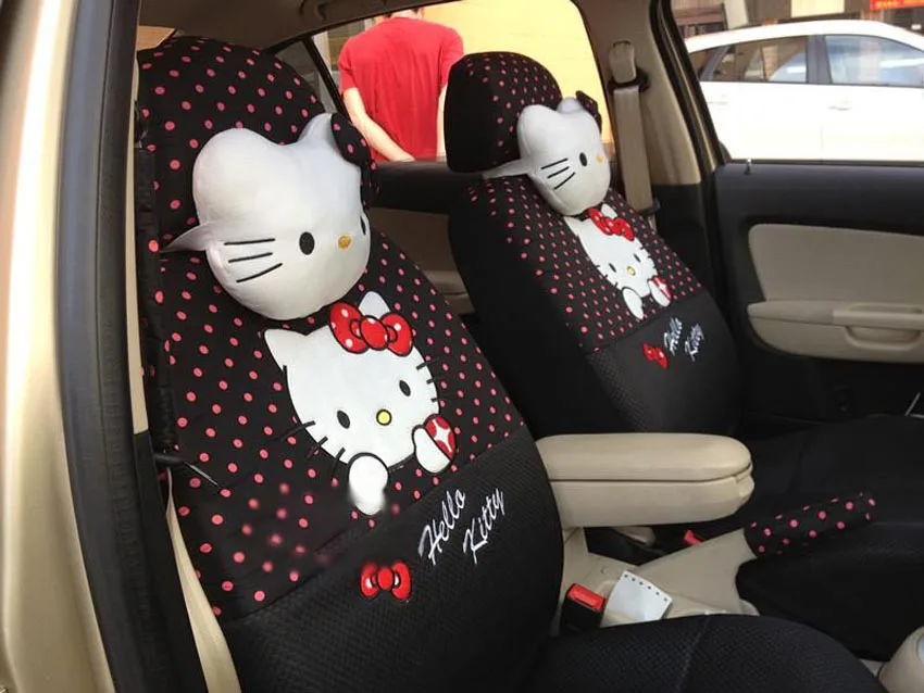 18pcs Universal Hello Kitty Car Seat Covers Black red dots plush winter