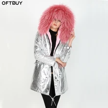 OFTBUY, новинка, парка, серебро, ПУ, пальто, натуральный мех, пальто, зимняя куртка, женская, натуральный мех енота, воротник, теплая, толстая, съемная парка