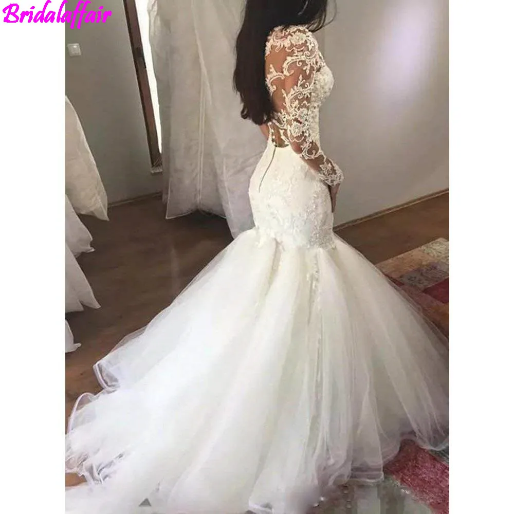 Женское роскошное свадебное платье Русалка с v-образным вырезом белое длинное свадебное платье с рукавами кружевное иллюзионное vestido de noiva