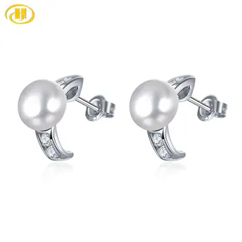 

Hutang 100% Natural Fresh Water Pearl Stud Earrings Solid 925 Sterling Silver Gemstone Topaz Fine Bridal Jewelry for Women New