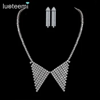 

LUOTEEMI Arrival Luxury Sparkling CZ Crystal Micro Paved Unique Triangle Earrings Necklace Set For Women Wedding Jewelry Set