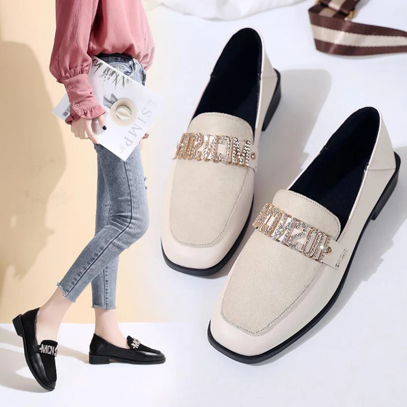 

2019 Fashion Women Casual Shoes Ladies Shallow Casual Shoes Square Toe sewing Women's Metal Decoration Low High Heel Shose