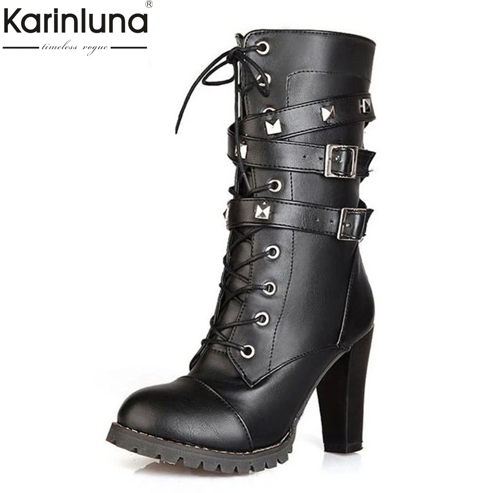 

KarinLuna 2018 FASHION PLus Size 33-48 Sexy Rivets Buckles WOMEN'S Shoes Woman Party Boots cool High Heels Woman Boots