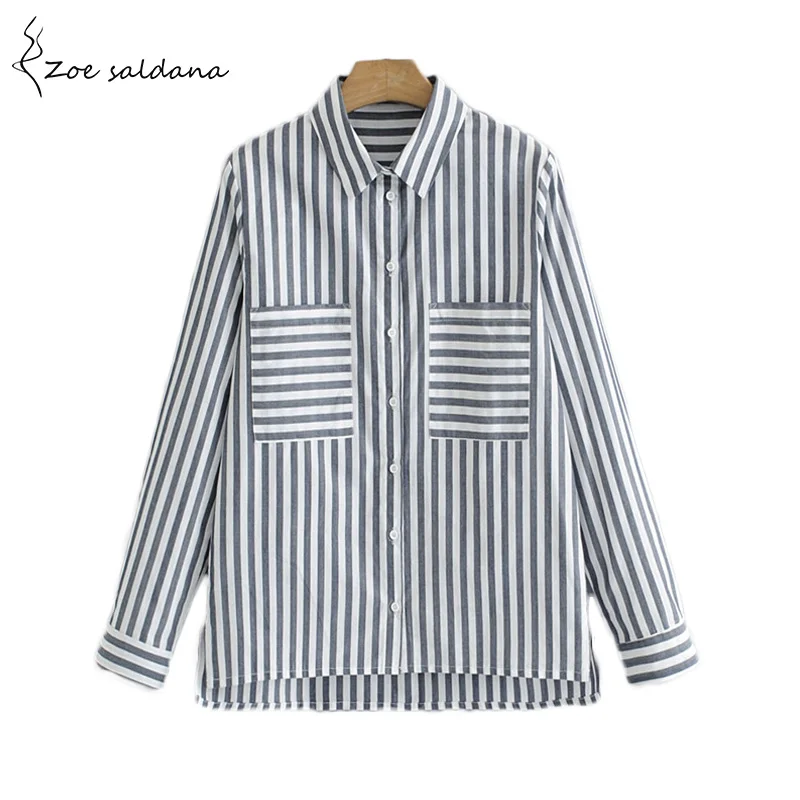 Zoe Saldana 2019 Black White Striped Shirts Women Pockets