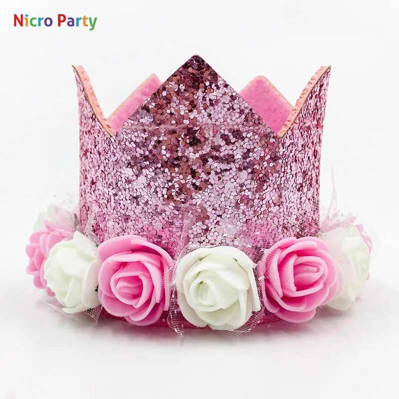 Nicro Flower Crown Birthday Hat Children's Birthday Party Decoration Cake Cap Photo Props Headwear Sequin Hat#Oth182