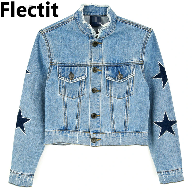 

Flectit Women Cropped Denim Jacket with Stars Street Style Slim Fit Long Sleeve Stand Collar Jeans Jacket with Pearls *