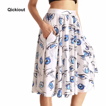 

Qickitout Pocket Skirts 2016 Fashion Women's Demon Blue Eye Eyelash 3D Digital Print Pocket Skirts High Waist Casual Skirt