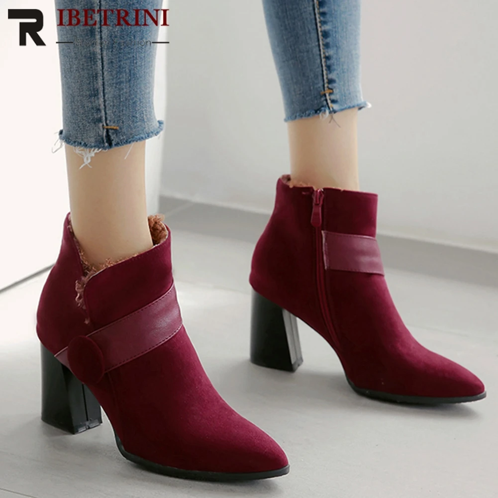 

RIBETRINI Ankle Boots Woman Concise Quality Microfiber Upper Pointed Toe Fur Warm High Heels Ankle Boots Woman Plus Size 32-48