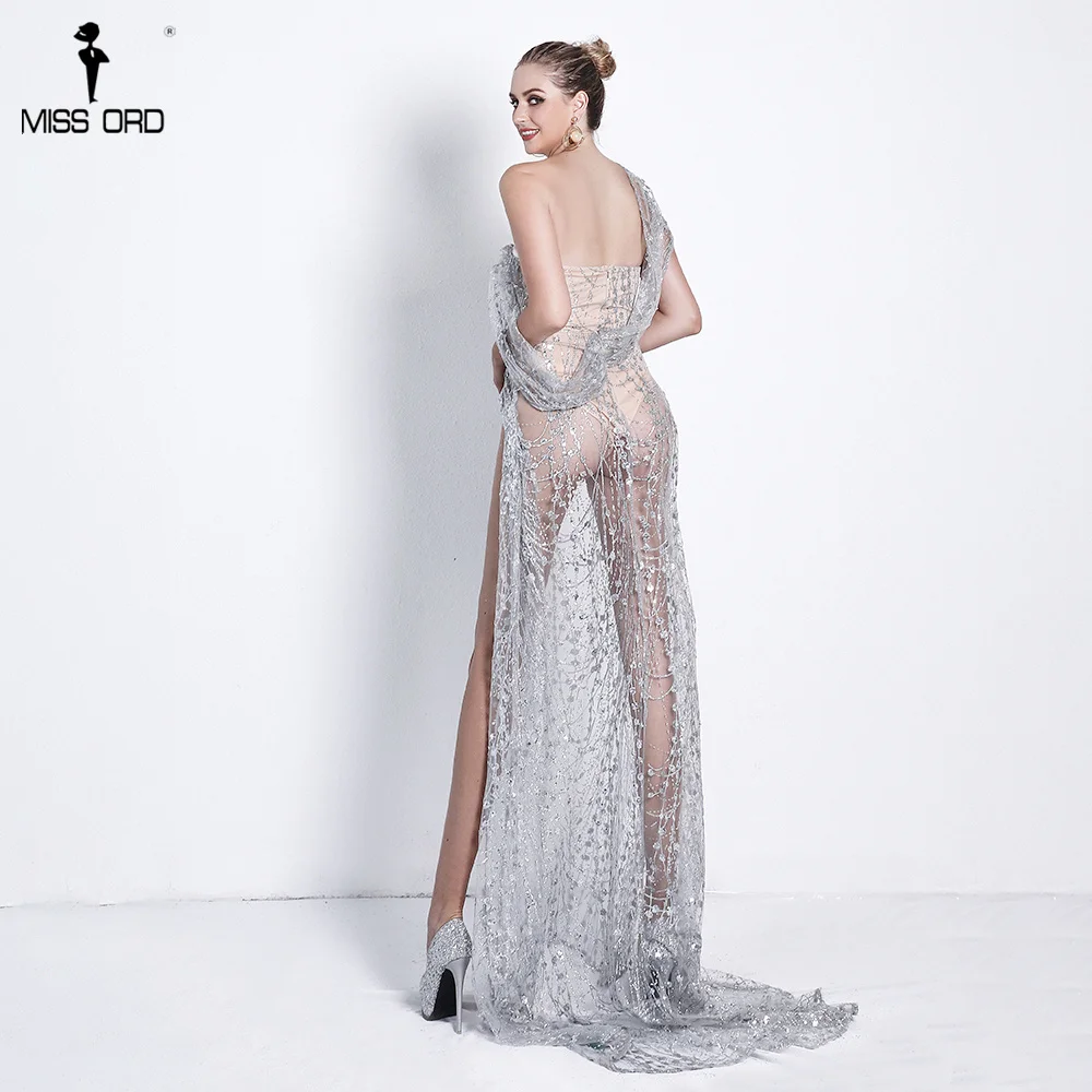 Missord 2019 Sexy Off Shoulder Irregular Neck Backless Dress Elegant See Through High Split Gliter Dress FT18674 18