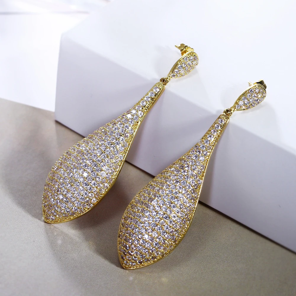 

Latest Deluxe Women Long Drop Earrings Best Wedding Gift Micro Pave Setting 440 Pieces Cubic Zirconia Stone Lead Free Plated