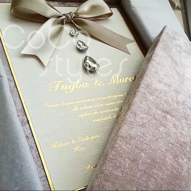  Cocostyles custom luxury velvet foiling boxed invitation card with crystal and ribbon or lace bows  - 32865029973