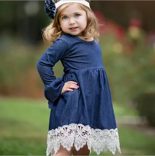 

New 2018 Spring Baby Girls Denim Dress Children Lace Evening Dress Kids Long Sleeve Party Princess Dresses Baby Girls Clothing