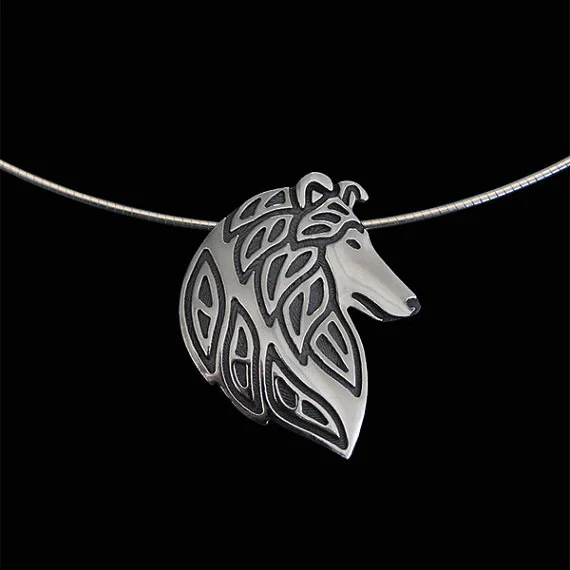 Rough Collie head profile pendant and necklace- plate silver with dark grey oxidizing gold brown black enamel | Украшения и