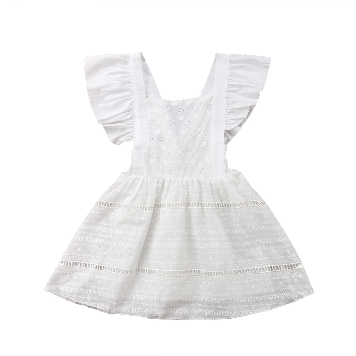 

2018 Baby Girl White Princess Dress Flying Butterfiy Sleeves Backless Hollowed Out Solid Summer Clothing