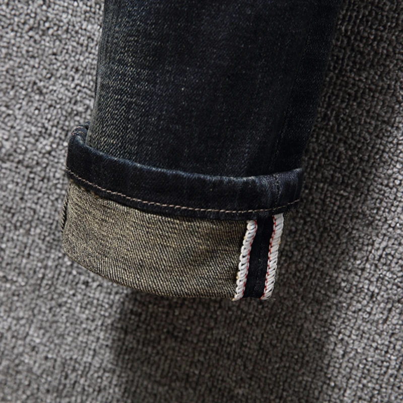 Italian Vintage Designer Men Jeans Retro Wash Dark Color Slim Fit Stripe Jeans Men Hip Hop 4