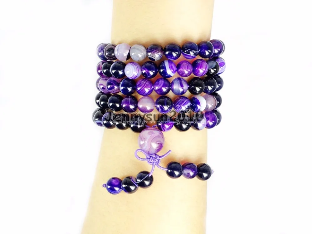 

Natural Purple Stripe Ag-ate 8mm Gem Stone Buddhist 108 Beads Prayer Mala Multi-Purpose Stretchy Bracelet Necklace 2Strands/Pack