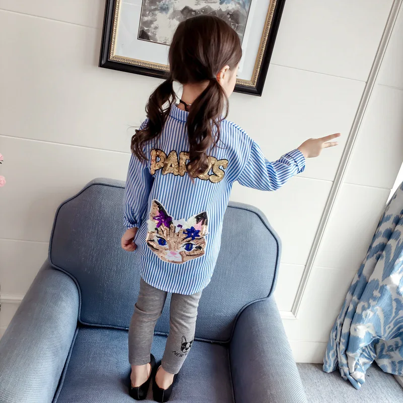 

Spring autumn fashion stripe sequin cat letter pop crown baby girls blouse kids tops Children brand clothes 90-136cm