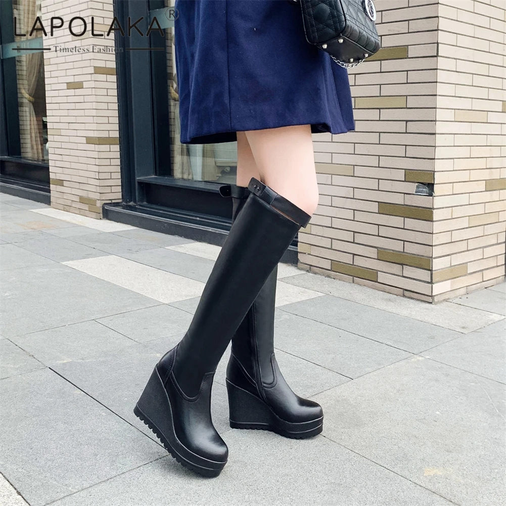 

Lapolaka New Fashion Cow Leather Zipper Knee High Boots Woman Shoes Add Fur Wedge High Heels Winter Boots Female Shoes Woman
